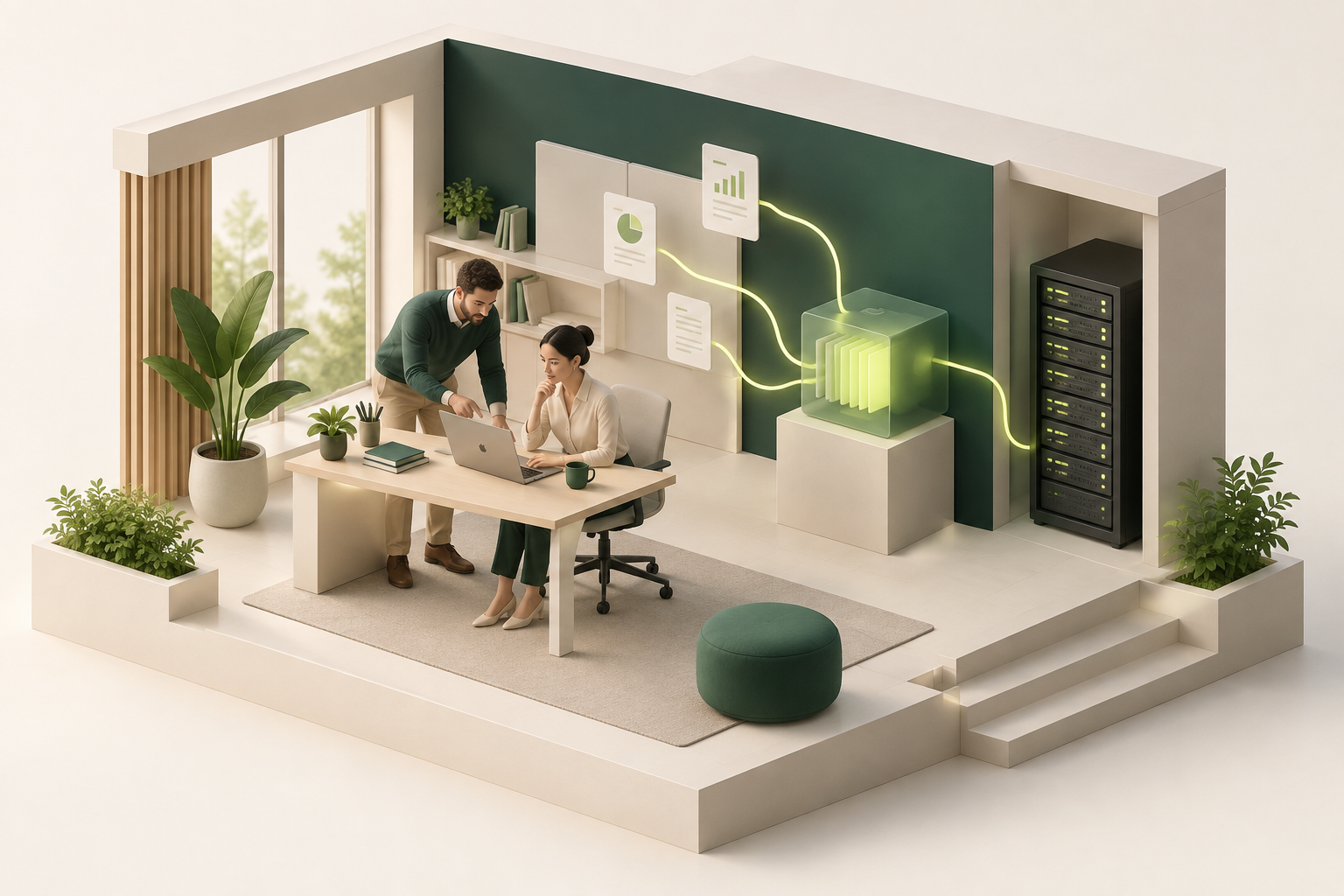 Illustration de deux collaborateurs utilisant une IA reliée à leurs documents et à un serveur local.